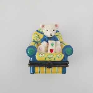 BLOOMINGDALE'S vintage Porcelain Bear on a chair with blocks trinket box